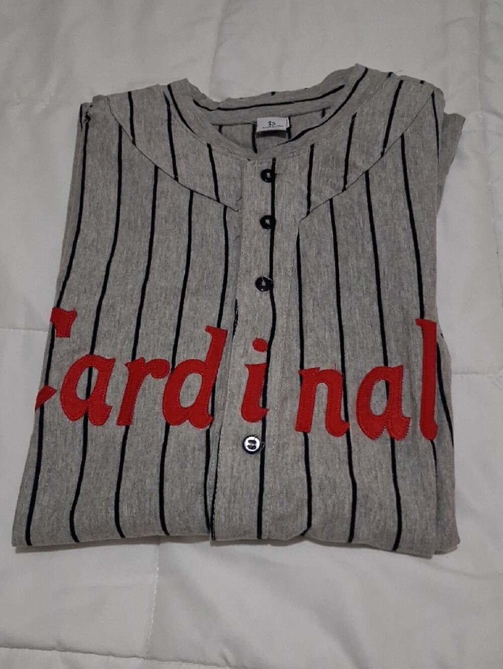 Cardinals Men’s Gray Stripe Henley Polo with Red Script